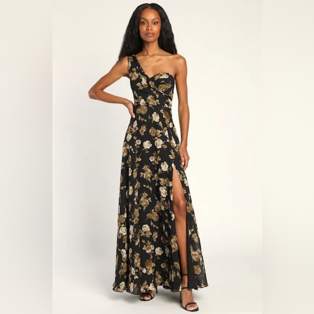 Lulu's Black One-Shoulder Floral Maxi Dress with Gold and Cream Blooms